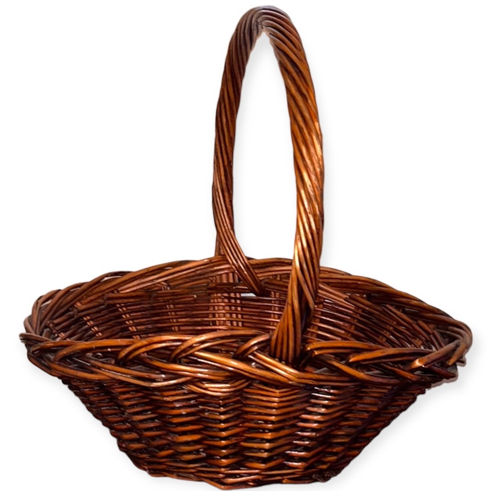 Vintage Large Brown Stain Willow Oval Handled Wood Gathering Basket